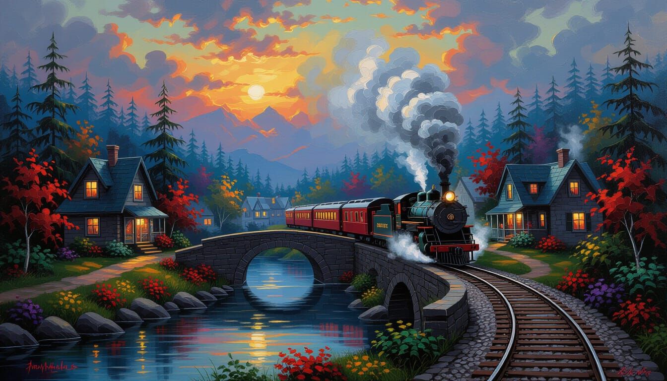 Oil Painting of Village Scene with Train in Moody Colors