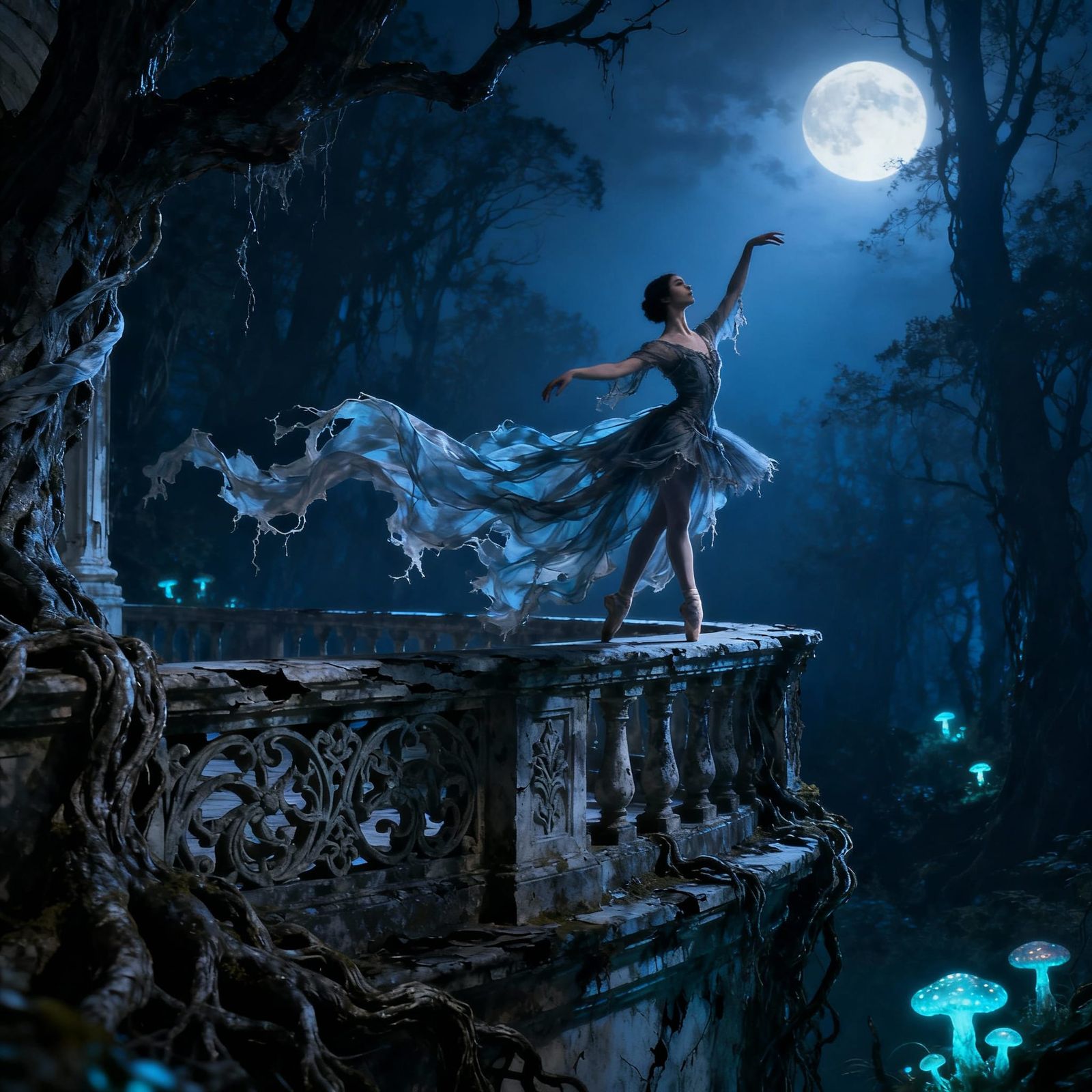 Melancholic Dancer on Moonlit Balcony in Gothic Style