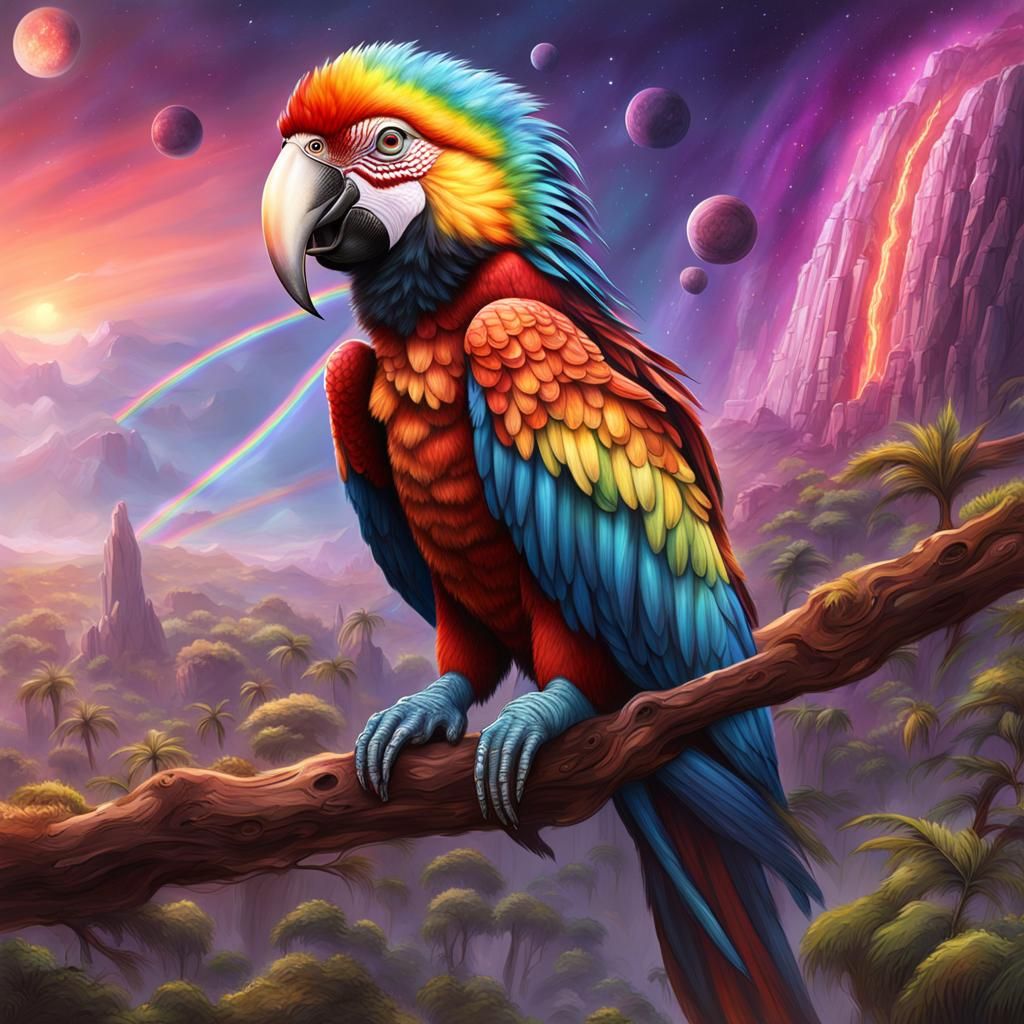 Exoplanet with Giant Macaw Alien Lifeforms