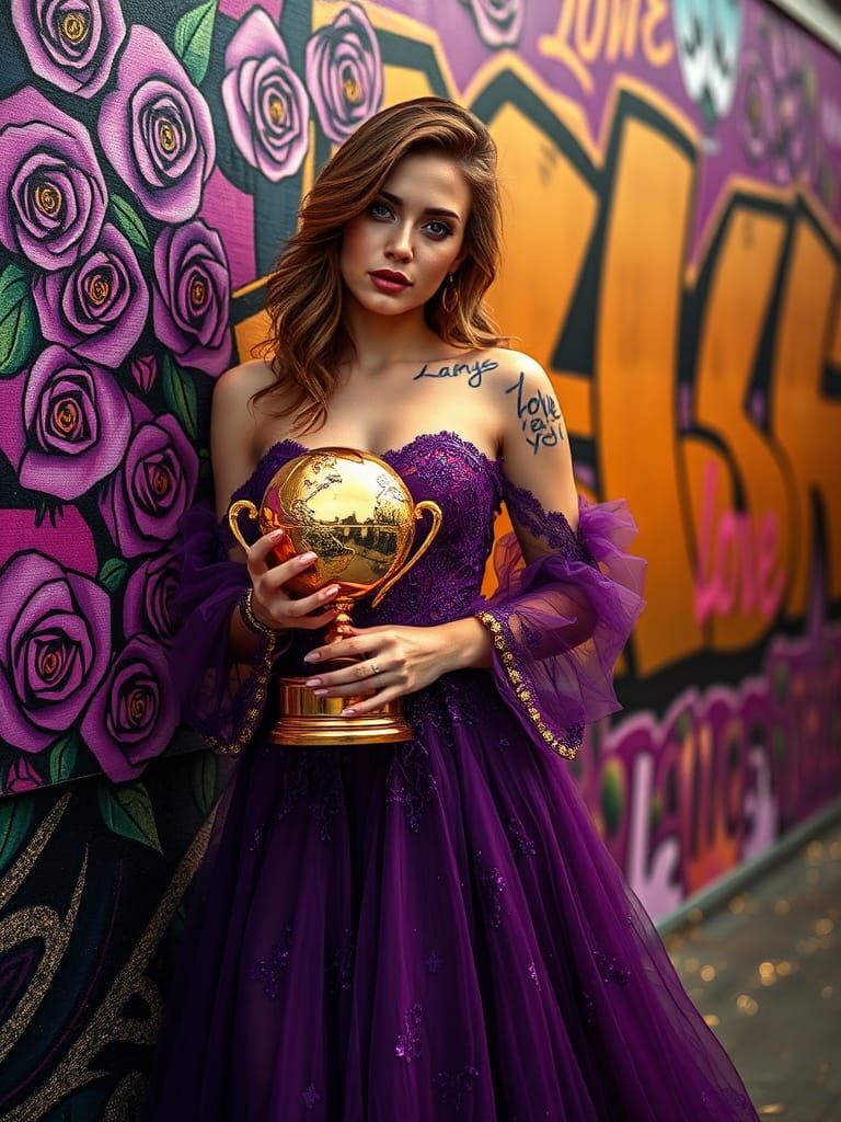 Model with Melting Globe Trophy and Graffiti Art