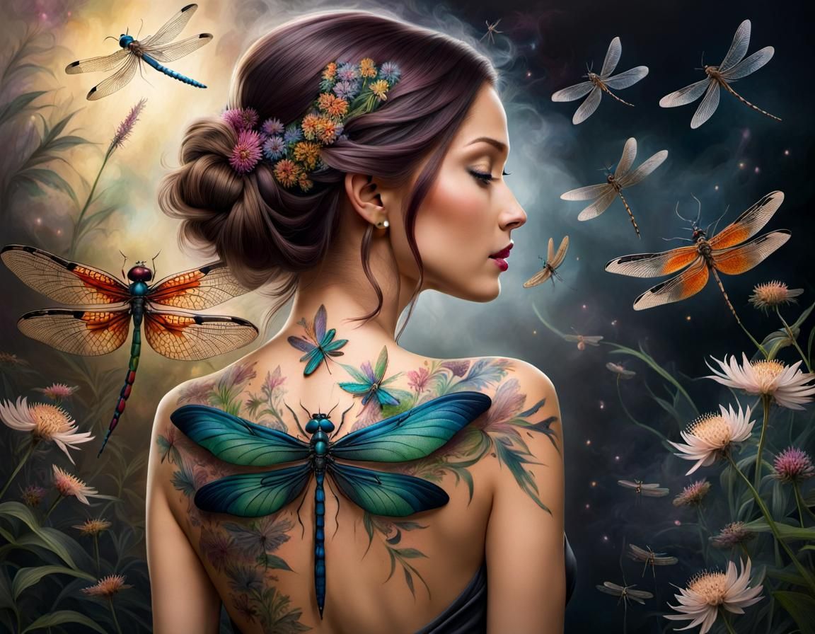 Woman's Dragonfly Tattoo: Dark Botanical Masterpiece