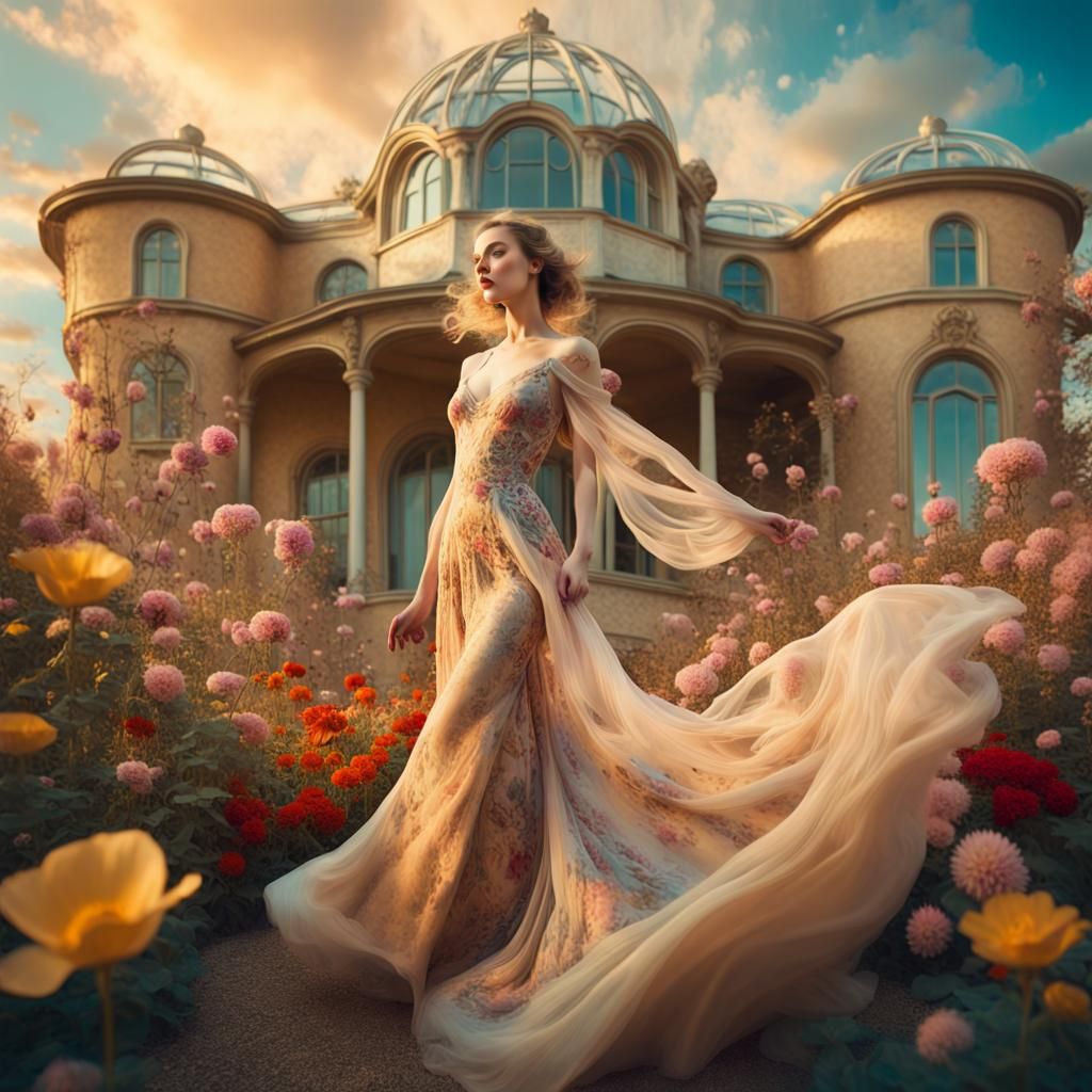Dreamlike Woman in Vibrant Floral Fantasy