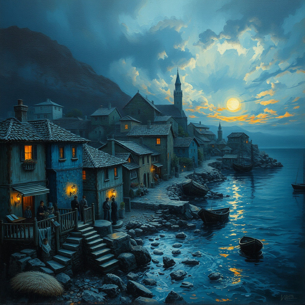 Blue Seaside Village: A Surreal Impasto Oil Painting