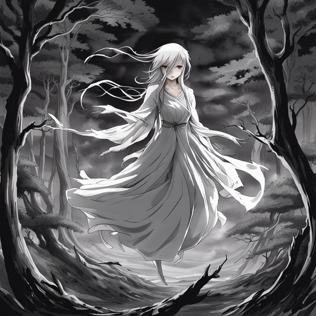 Ghost Woman Dances into Afterlife Forest: Anime Style