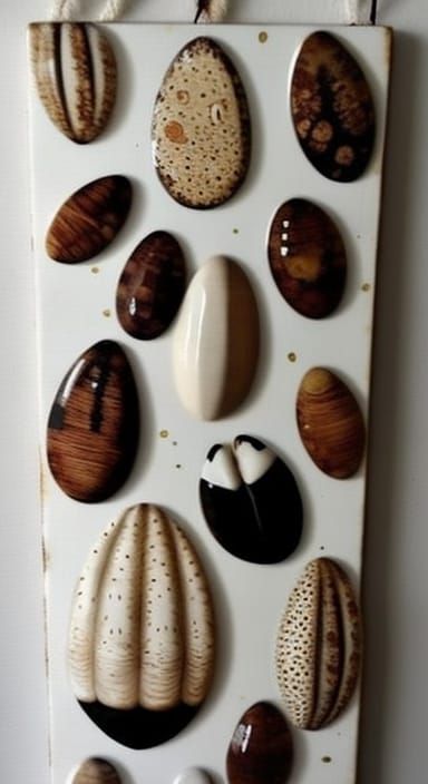 Ecru Cowrie Shell Decoupage Collage on Teak