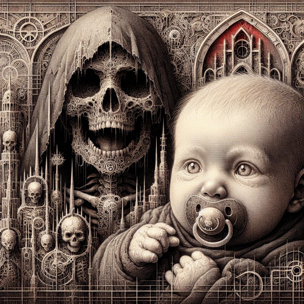 Baby Grim Reaper in Dystopian Medieval Etching