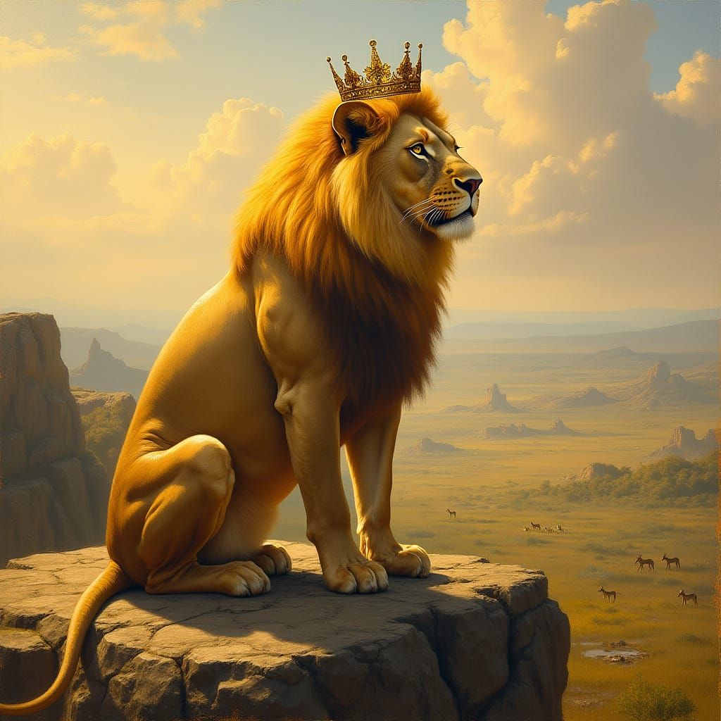 Majestic Crowned Lion Overlooking Savanna in Oil Painting St...