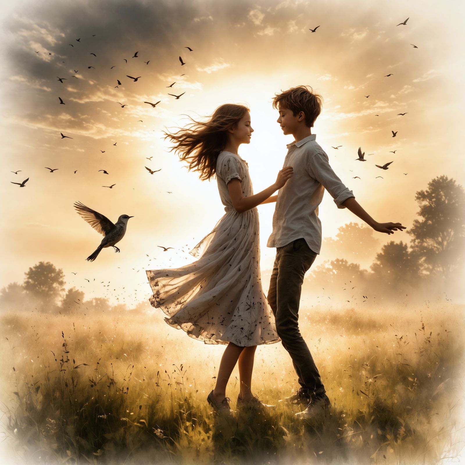 Children Dancing in Sunny Meadow: Impressionist Ink Art