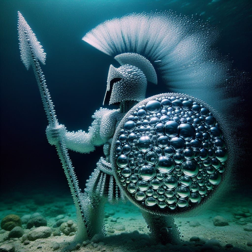 Underwater Spartan Spearman Made of Air Bubbles