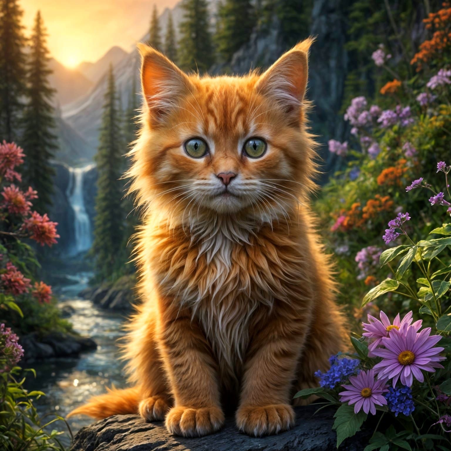 Whimsical Orange Kitten Rides Raven Over Valley River