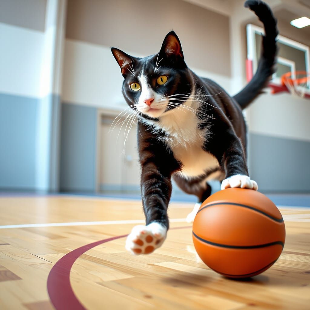Tuxedo Cat Dribbling Basketball on Modern Court