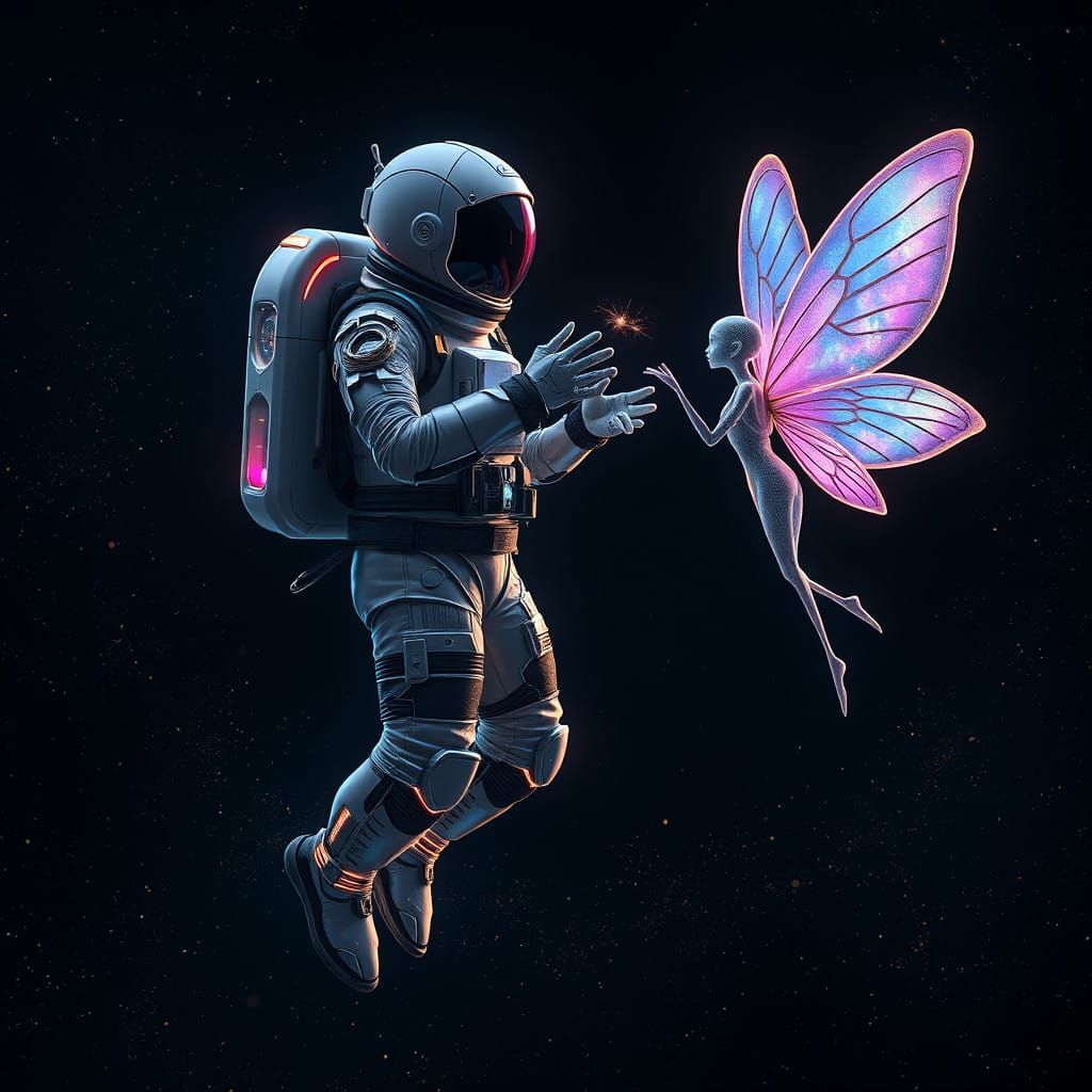 Sleek Astronaut Converses with Iridescent Fairy in Cosmic Sp...