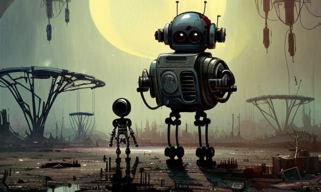 Dystopian Robot in Wasteland: Watercolor Splash Art