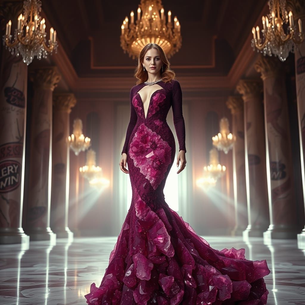 Elegant Woman in Grand Ballroom with Crystal Geodes Dress