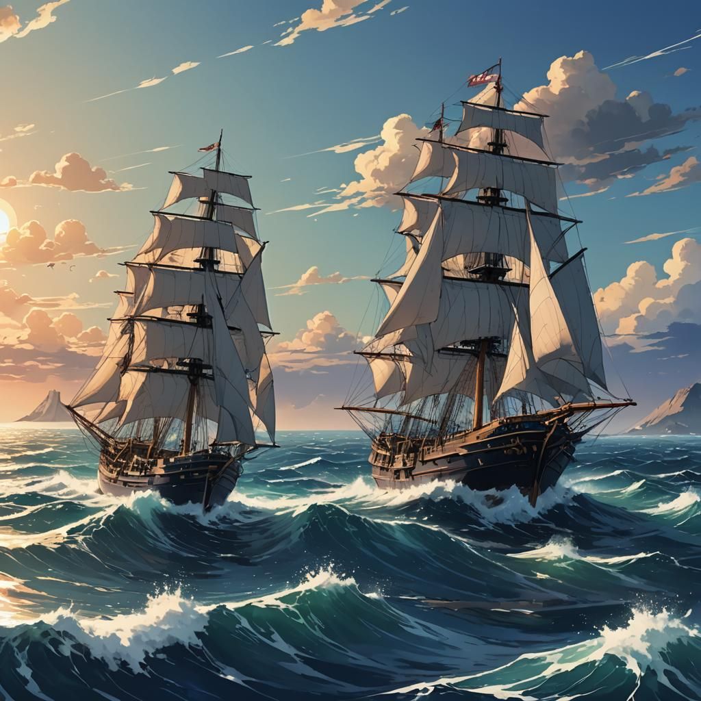 Anime-Style Ships Sailing on the Sea
