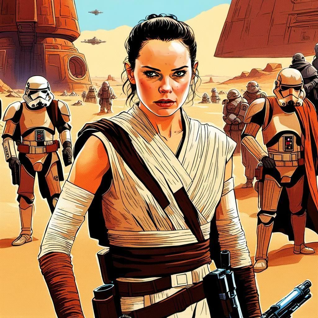 Rey Skywalker on Tatooine in Cinematic Style