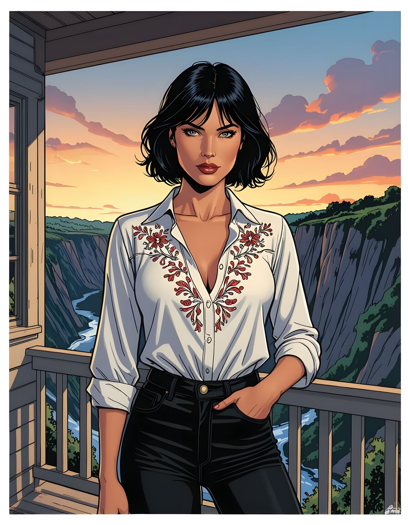 Comic Book Style Woman Overlooks Ravine