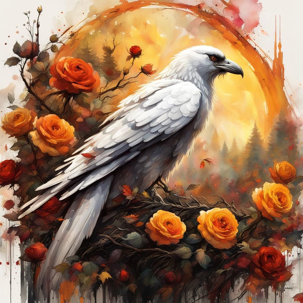 Raven in Rose Meadow: Gothic Dark Fantasy Art