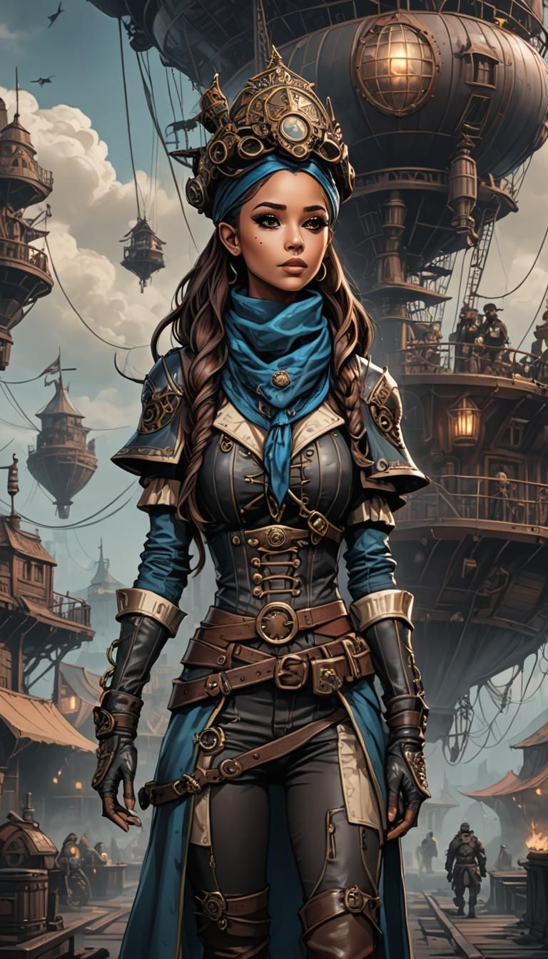 Steampunk Princess on Airship: Fantasy Digital Art