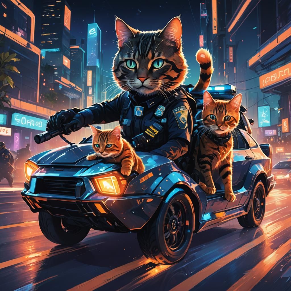 Cats on a Neon Highway in Fantasy Art