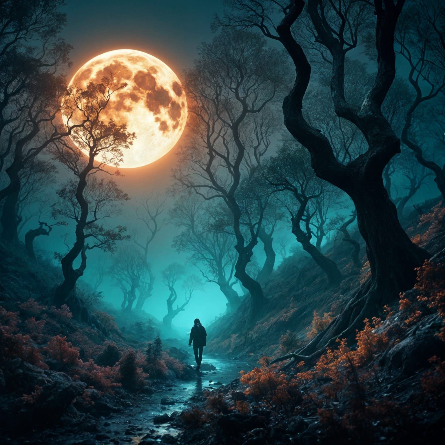 Dancing Shadows Beneath the Moon in Dreamlike Style