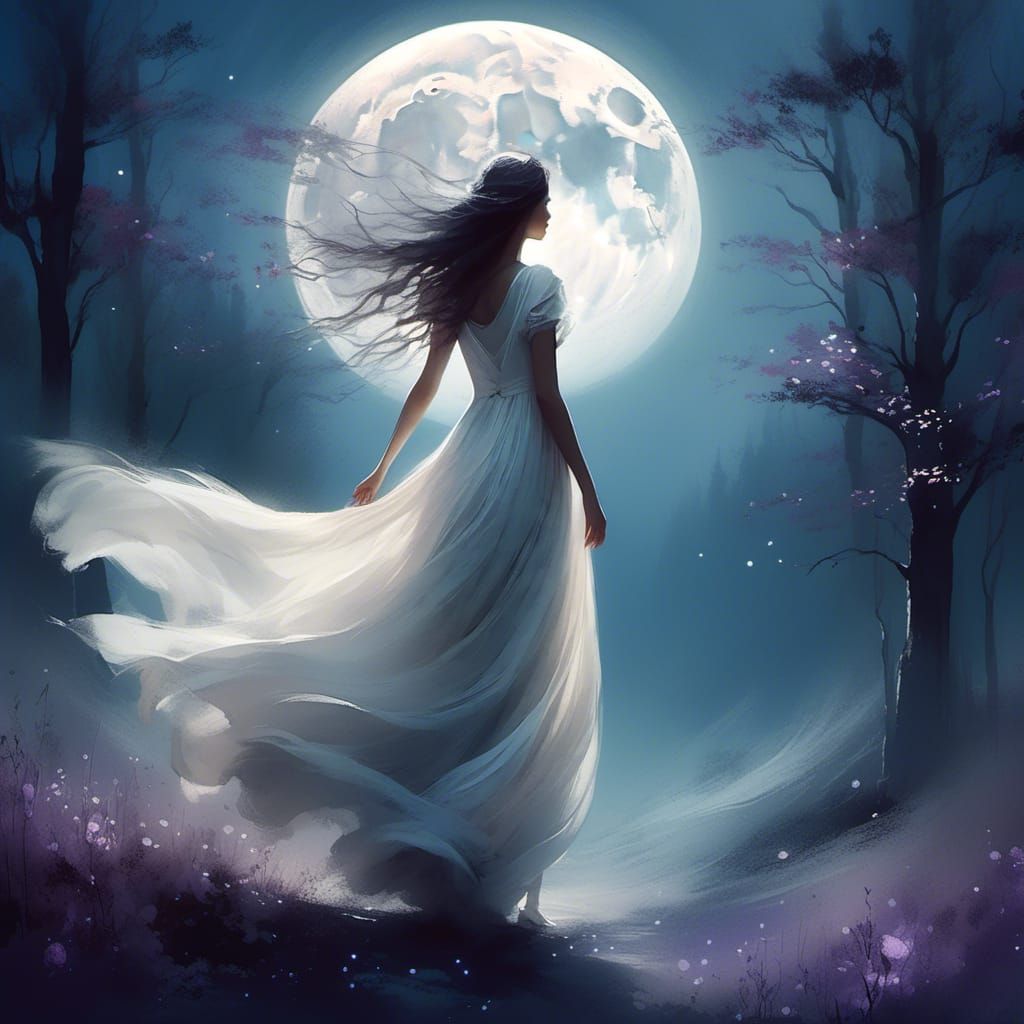 Ethereal Woman Under Moon in Watercolor Style