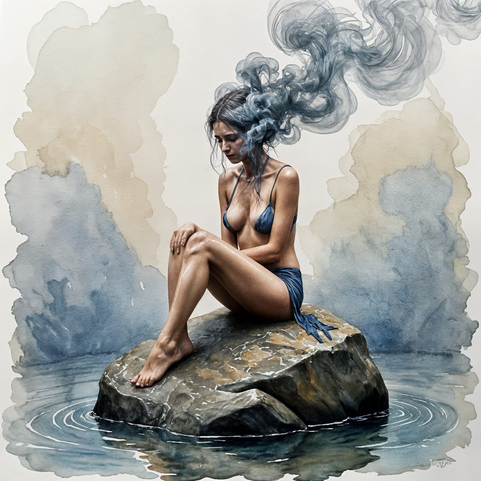 Figure Dissolving into Smoke: Watercolour Art