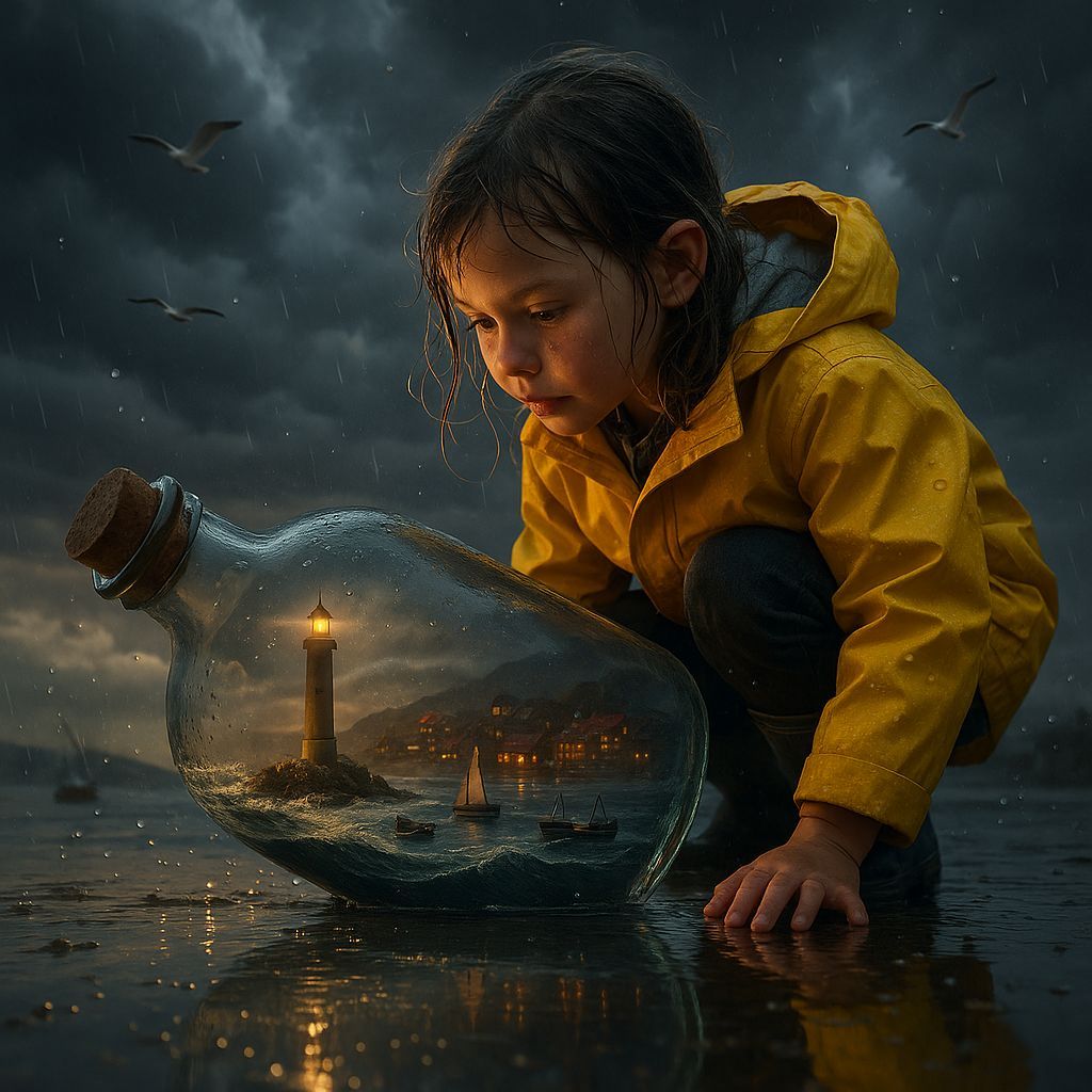 Girl Examines Miniature Seascape in Bottle
