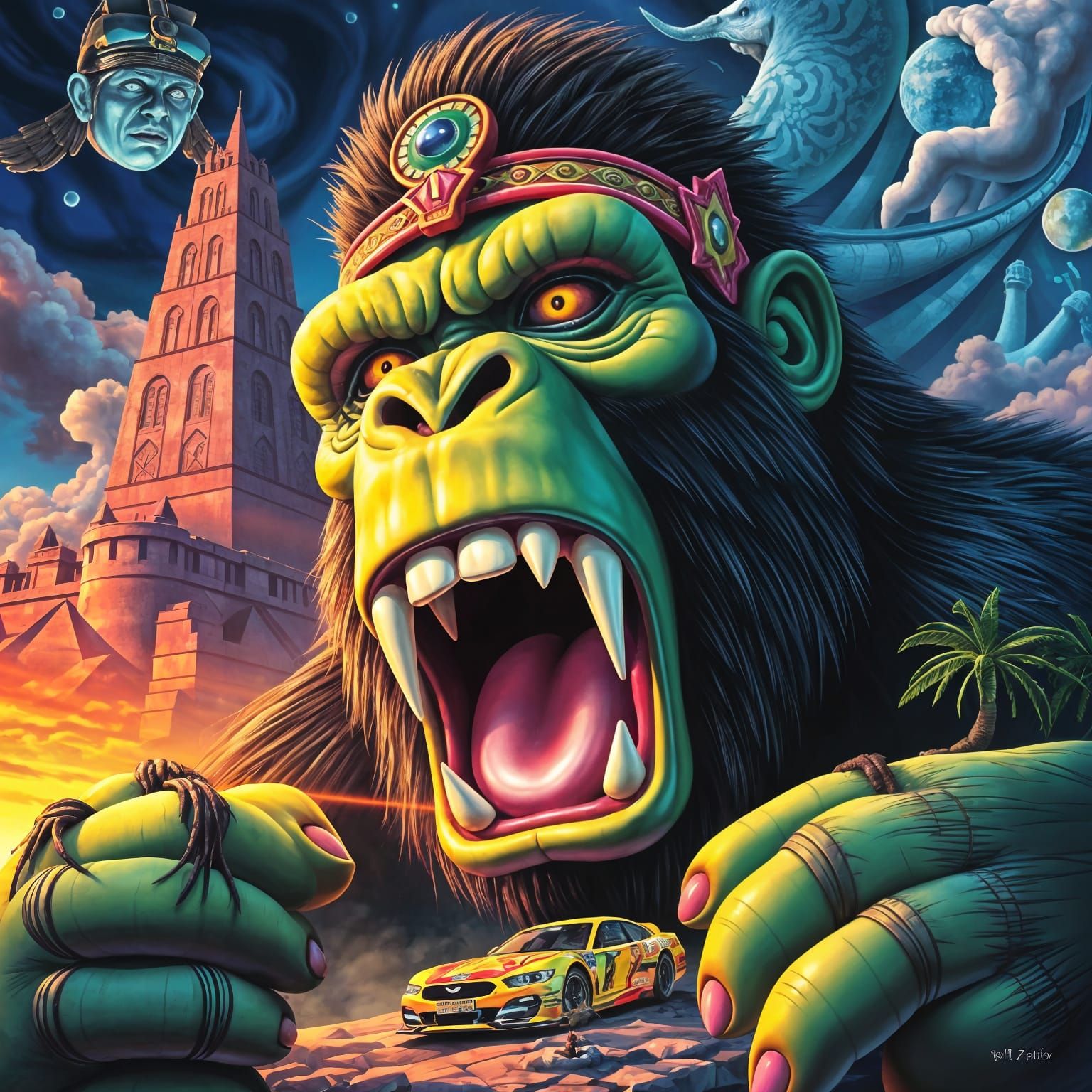 Cyberpunk King Kong in a High-Tech NASCAR Car