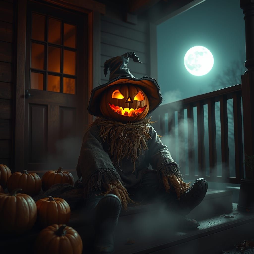 Creepy Jack-o'-Lantern Scarecrow on Porch at Night
