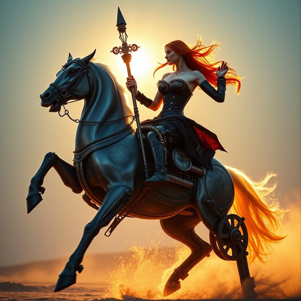 Steampunk Wizard Lady Rides Clockwork Horse in Muted, Nostal...