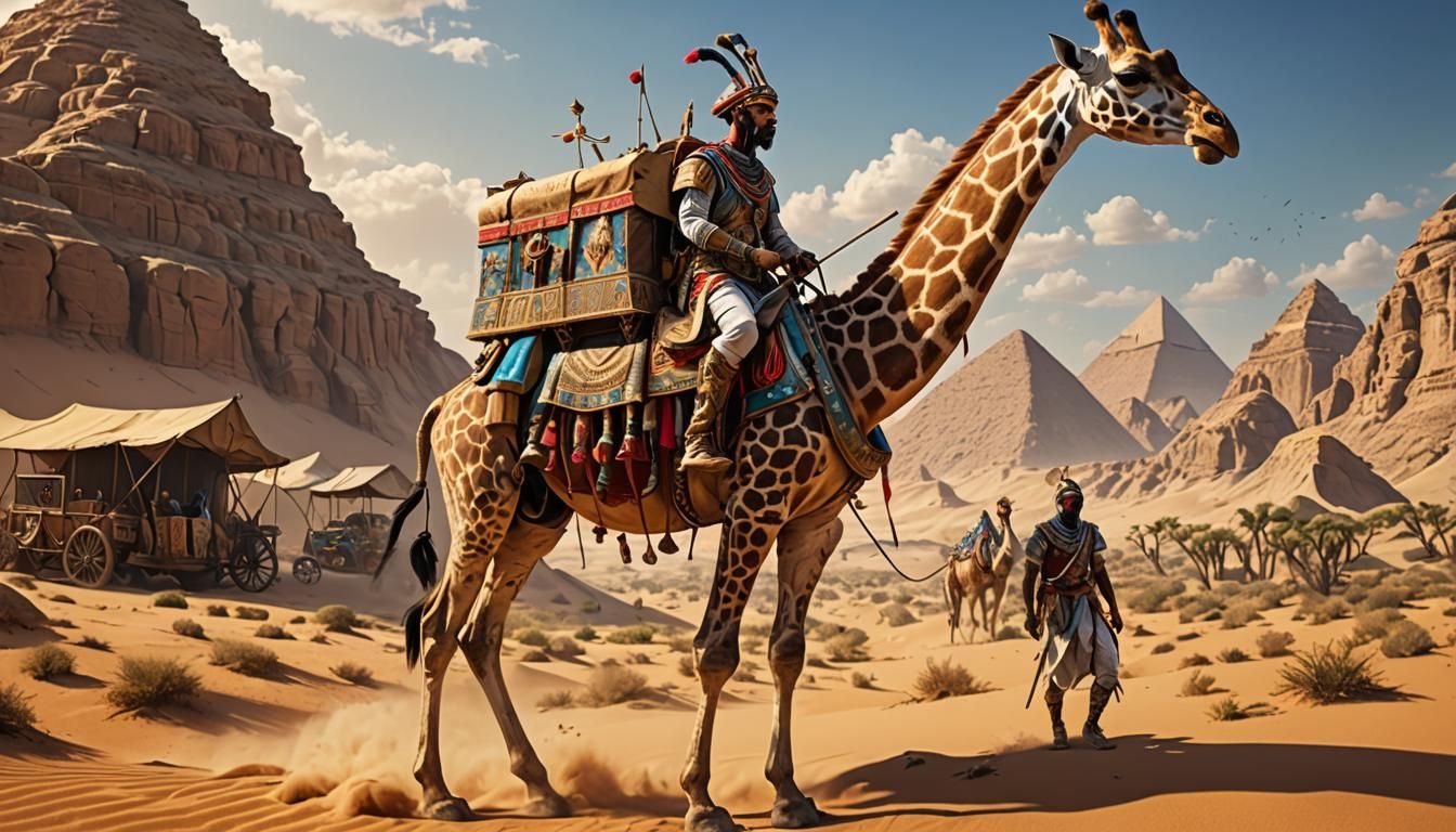 Egyptian Soldier on Giraffe in Desert Caravan