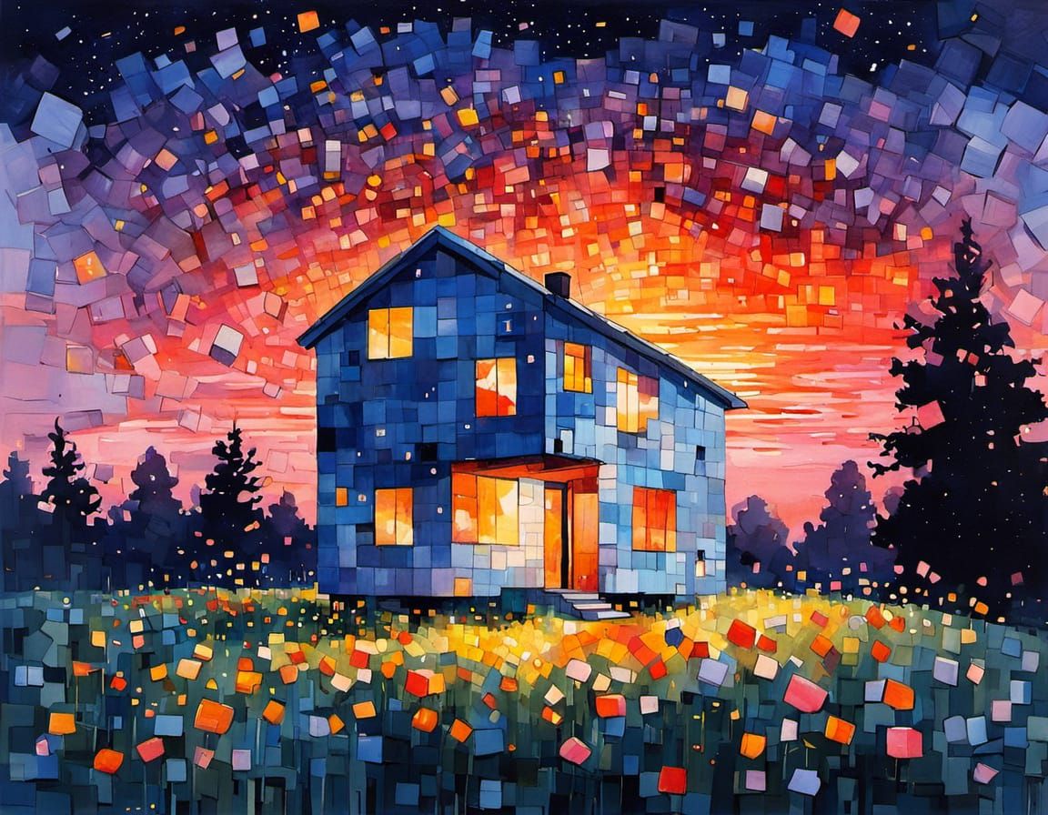 Rubic's Cube House Under Sunset Glow