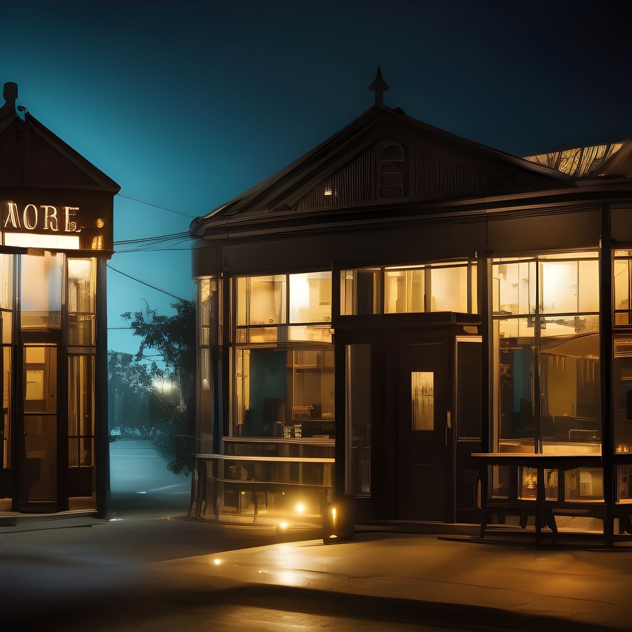 Creepy Abandoned Cafe at Night in Photorealistic Style