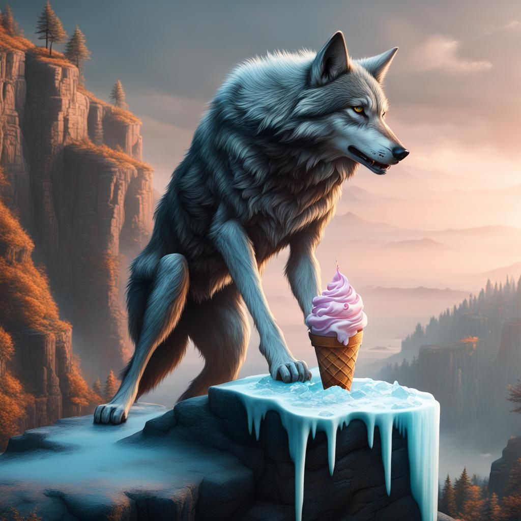 Wolf Eating Ice Cream on Cliff: Fantasy Concept Art