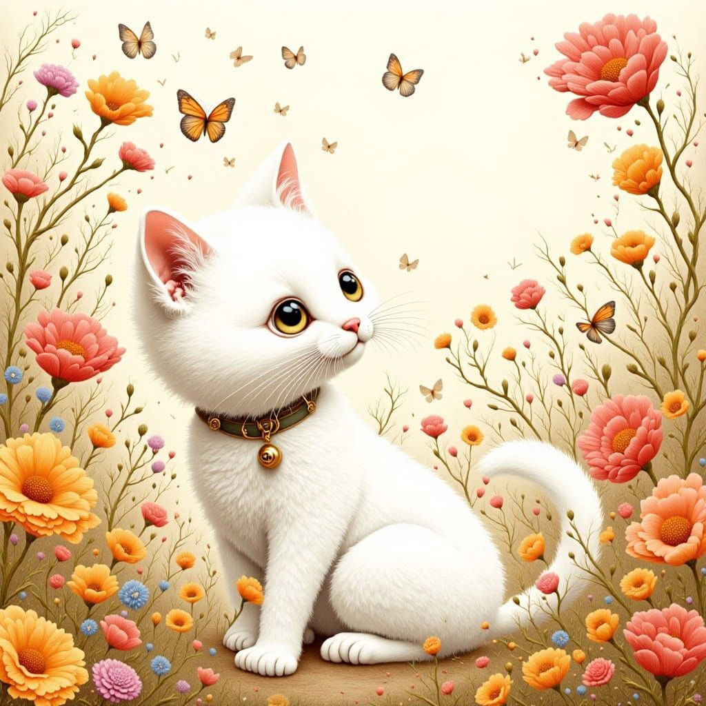 White Kitten Reaching for Flowers in Garden Tapestry