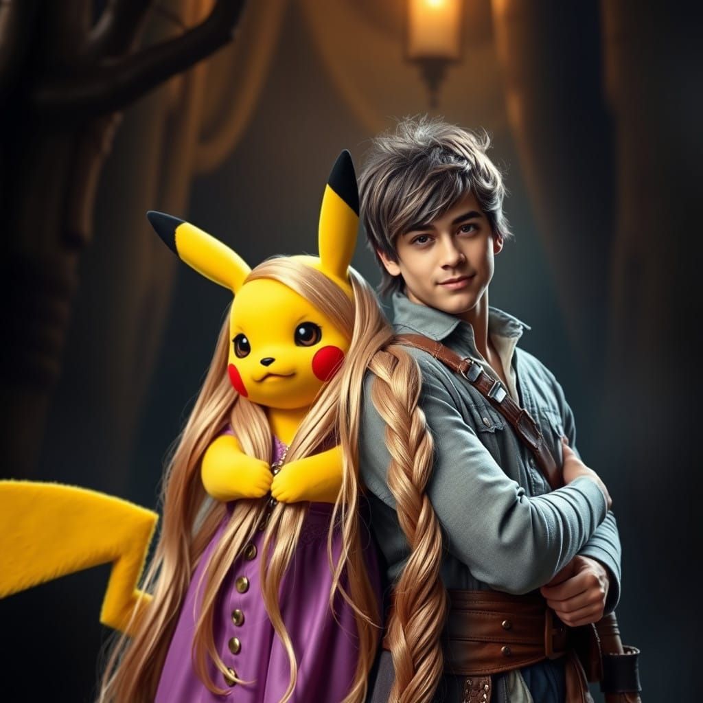 Pikachu and Flynn Rider in a Whimsical Tangled Cosplay