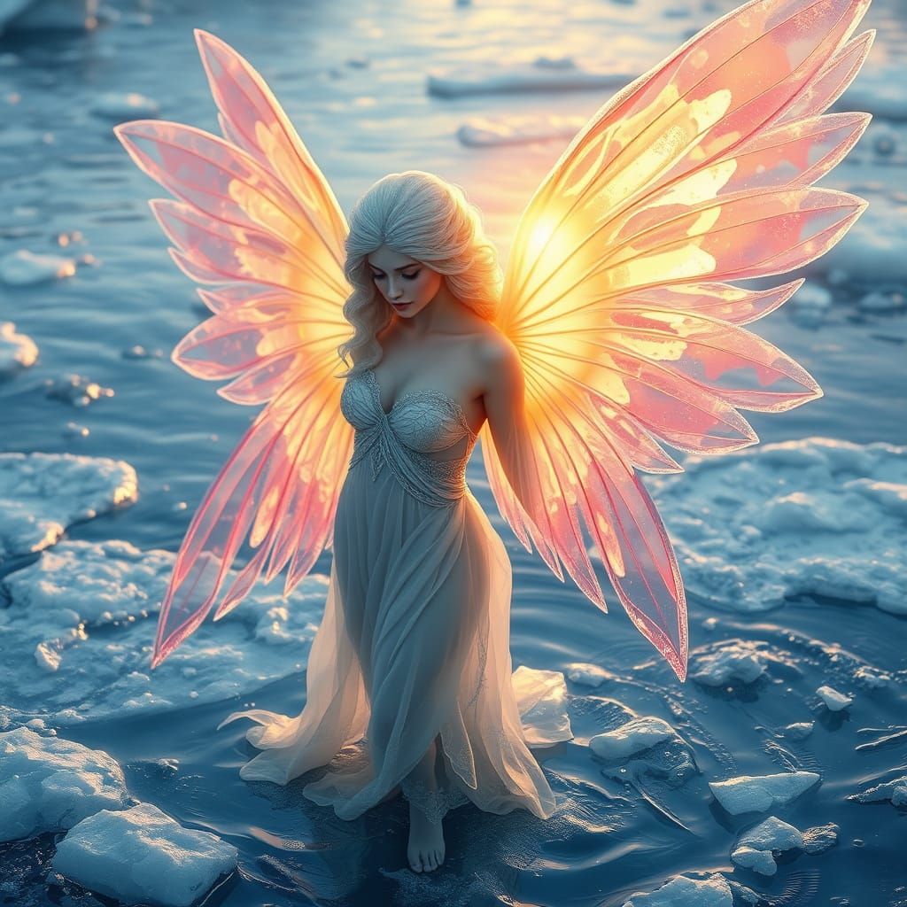 Greek Goddess with Liquid Wings on Icy River in Hyperrealist...