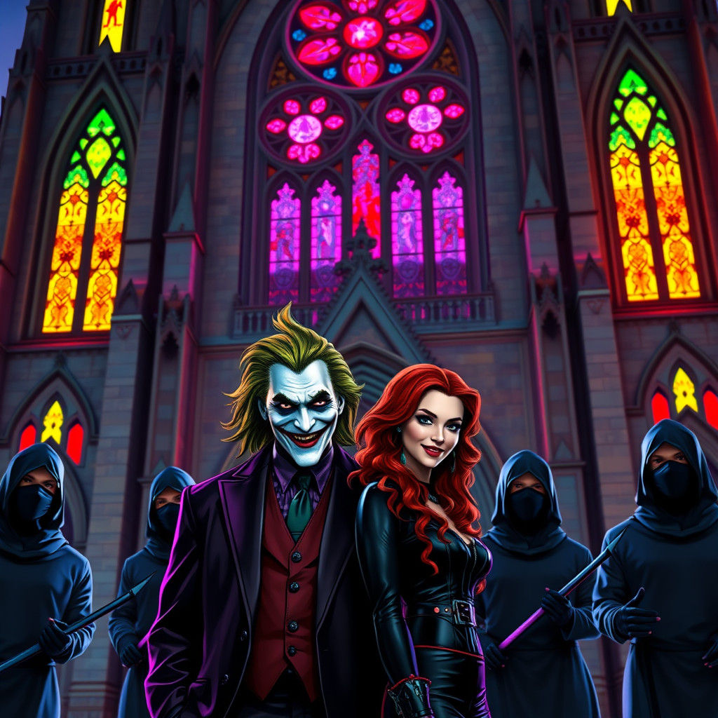 Joker and Poison Ivy with Ninjas in Cyberpunk Cathedral