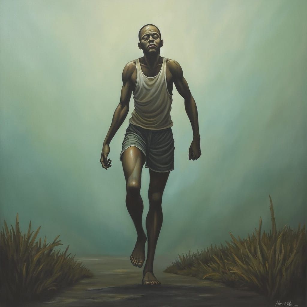 Resilient Figure Navigating Fog: Atmospheric Illustration