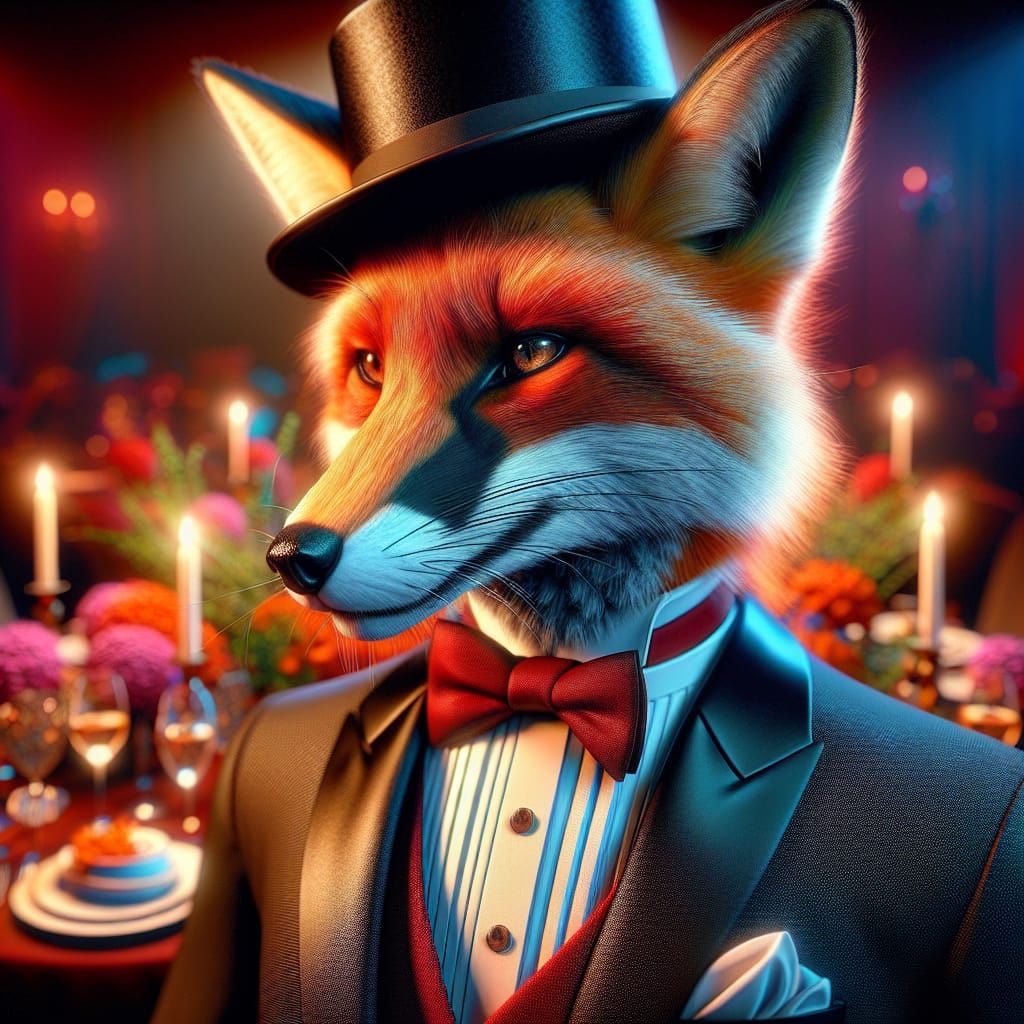 Formal Fox at a Vibrant Dinner Party in Cyberpunk Style