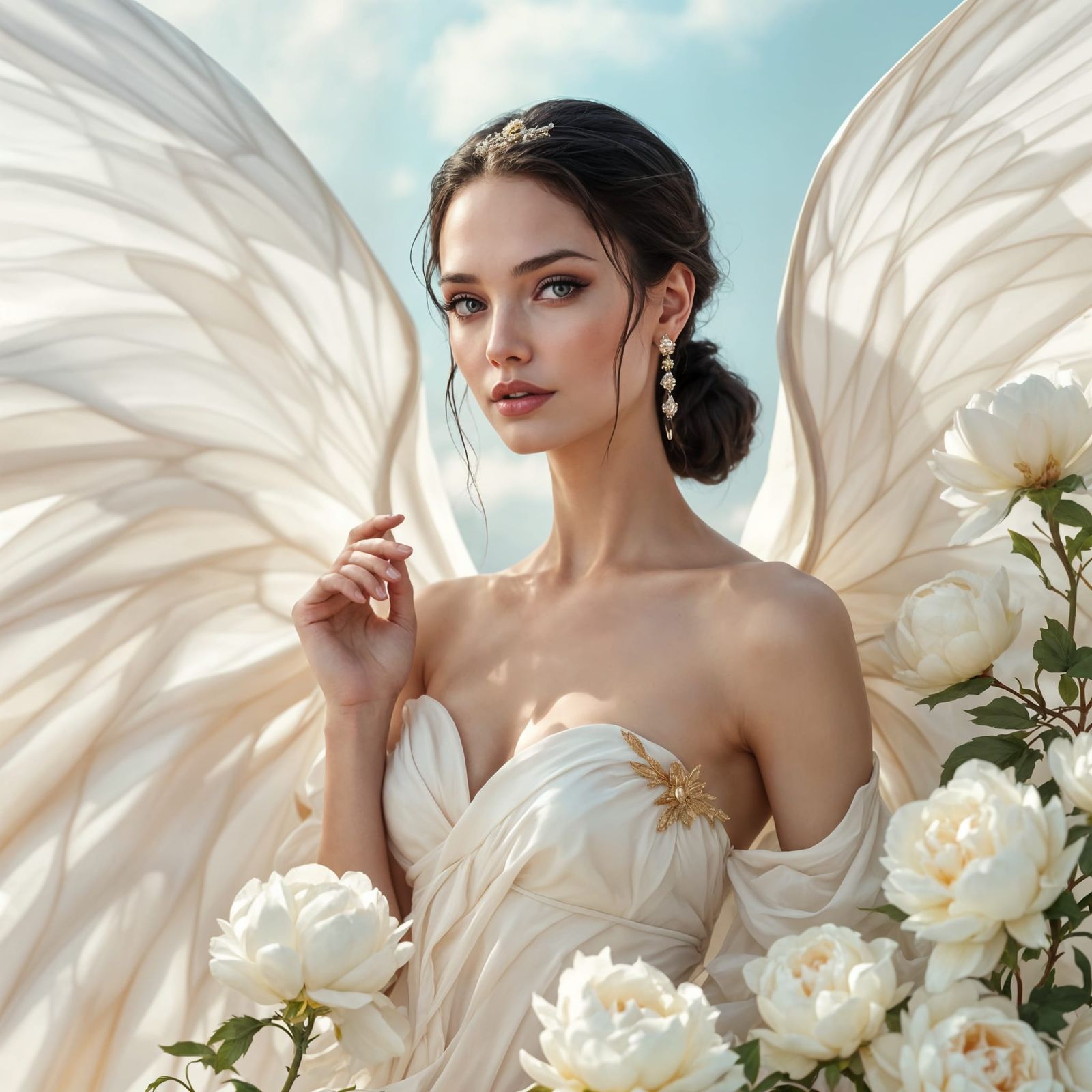 Ethereal Faerie Queen Amidst Peonies in Regal Style