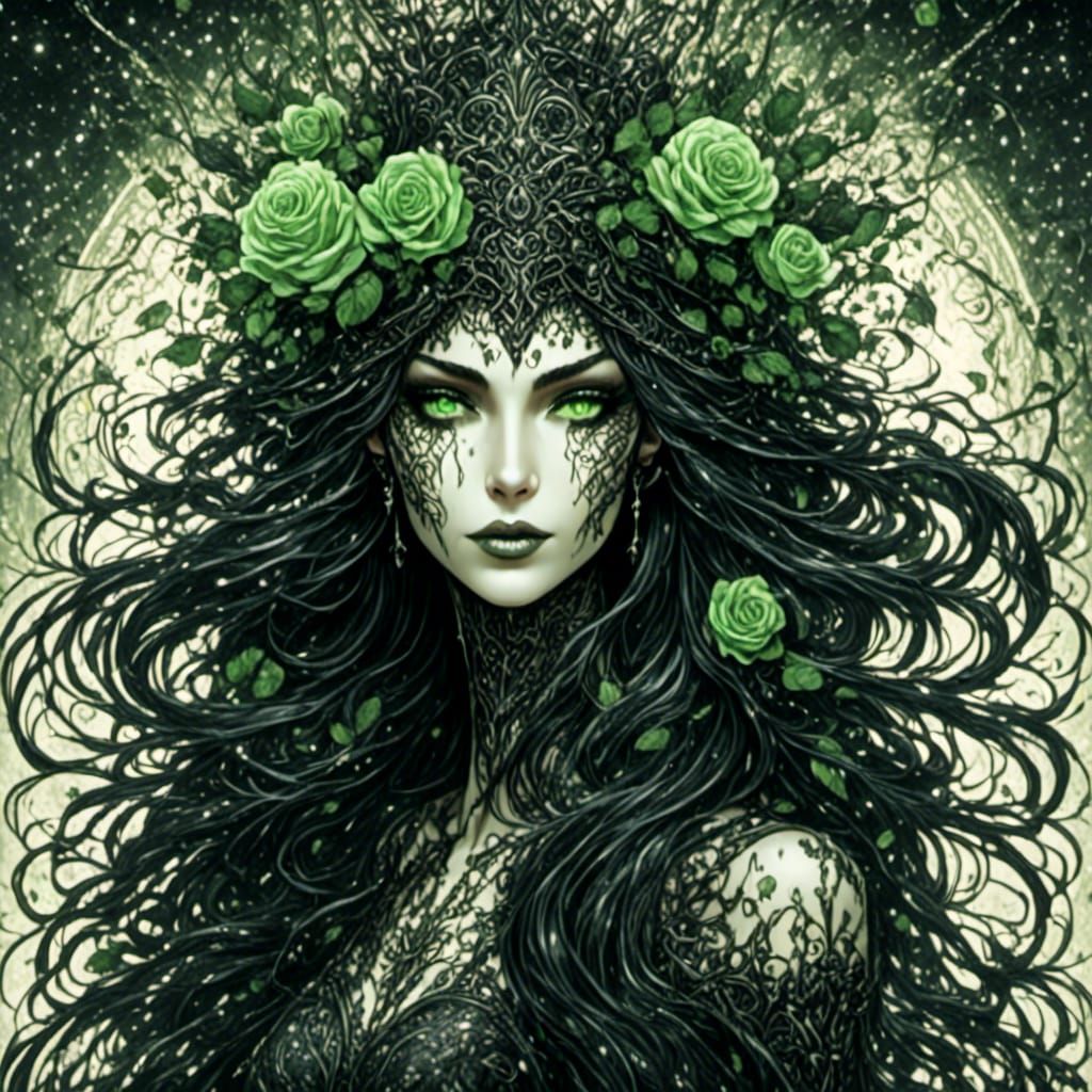 Lady in White with Black Roses, Watercolor Realism