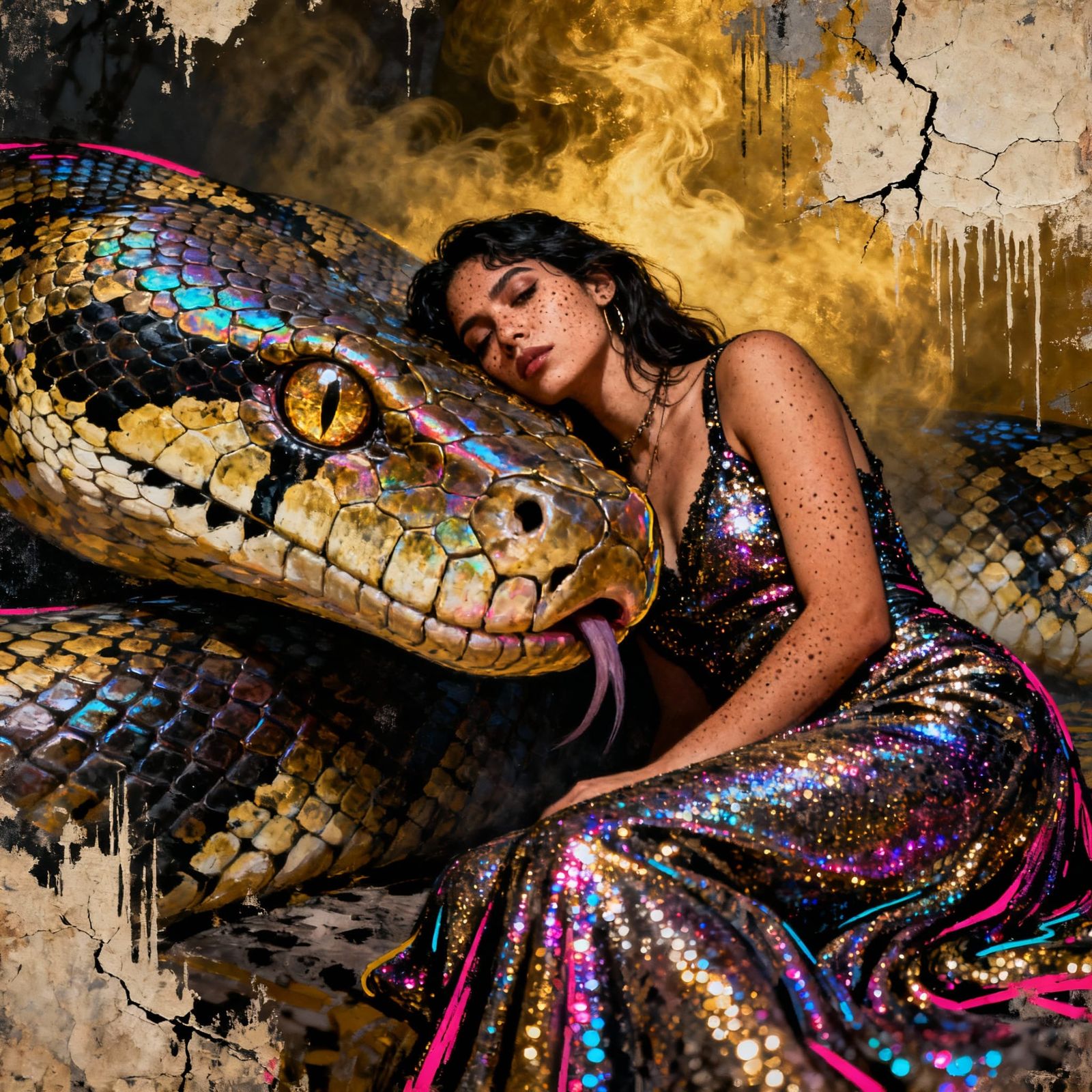 Latina and Anaconda in Sparkly Noir Painting