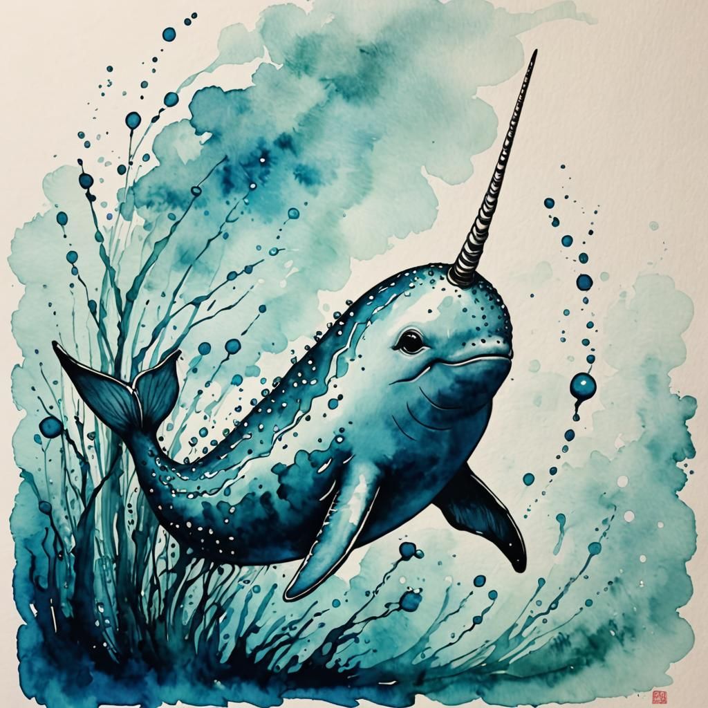 Whimsical Ink Painting of a Narwhal