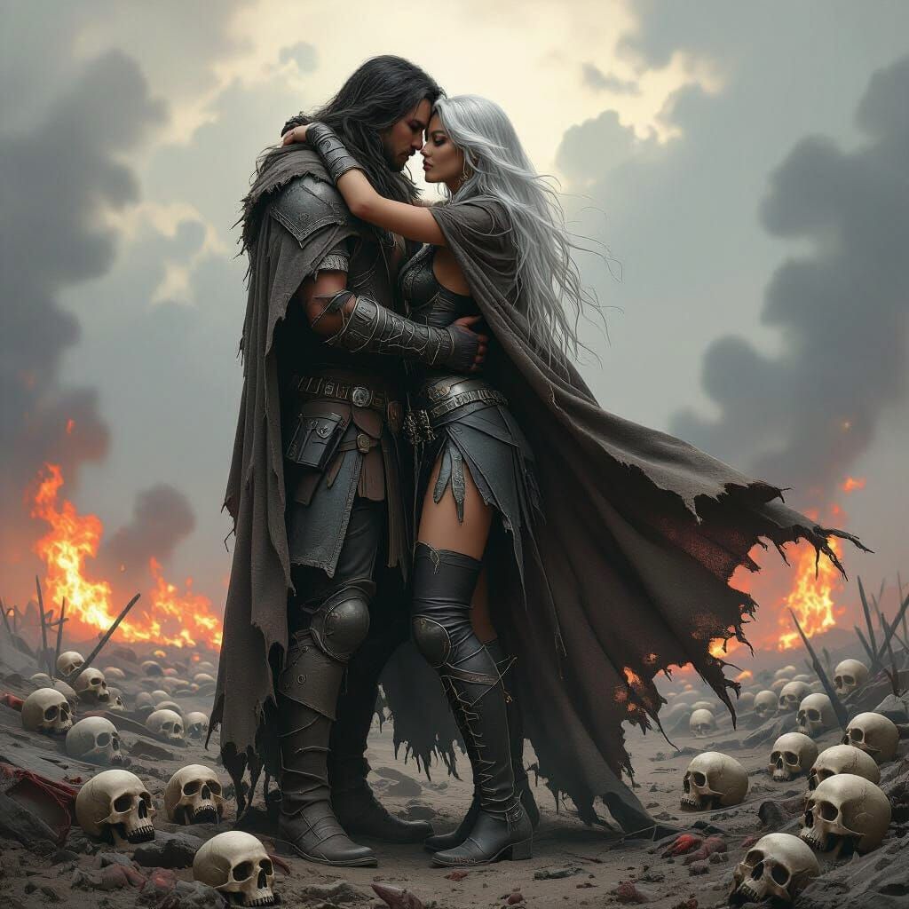 Glamorous Female Warrior with Silver Hair on Battlefield