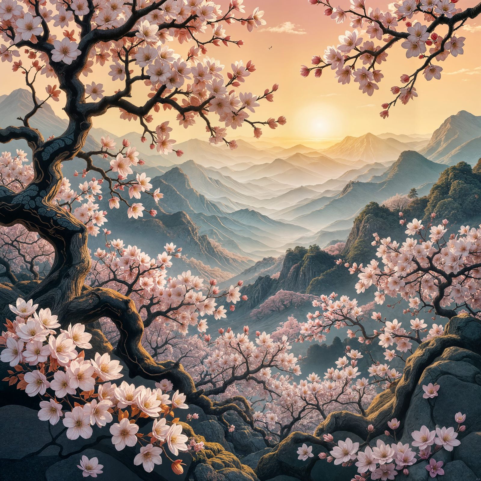 Golden Hour Cherry Blossoms in Ukiyo-e Style