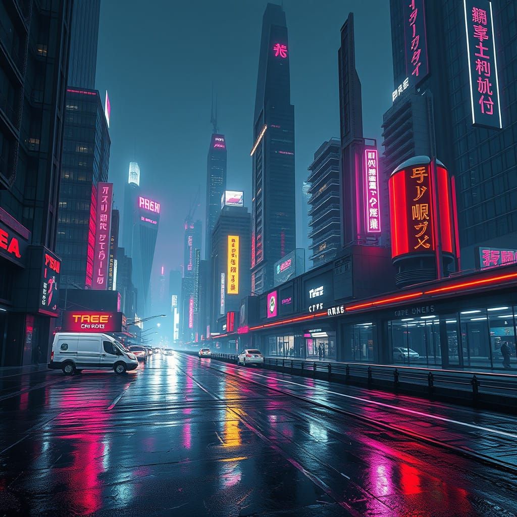 Sleek Futuristic Cityscape with Neon Lights and Urban Decay