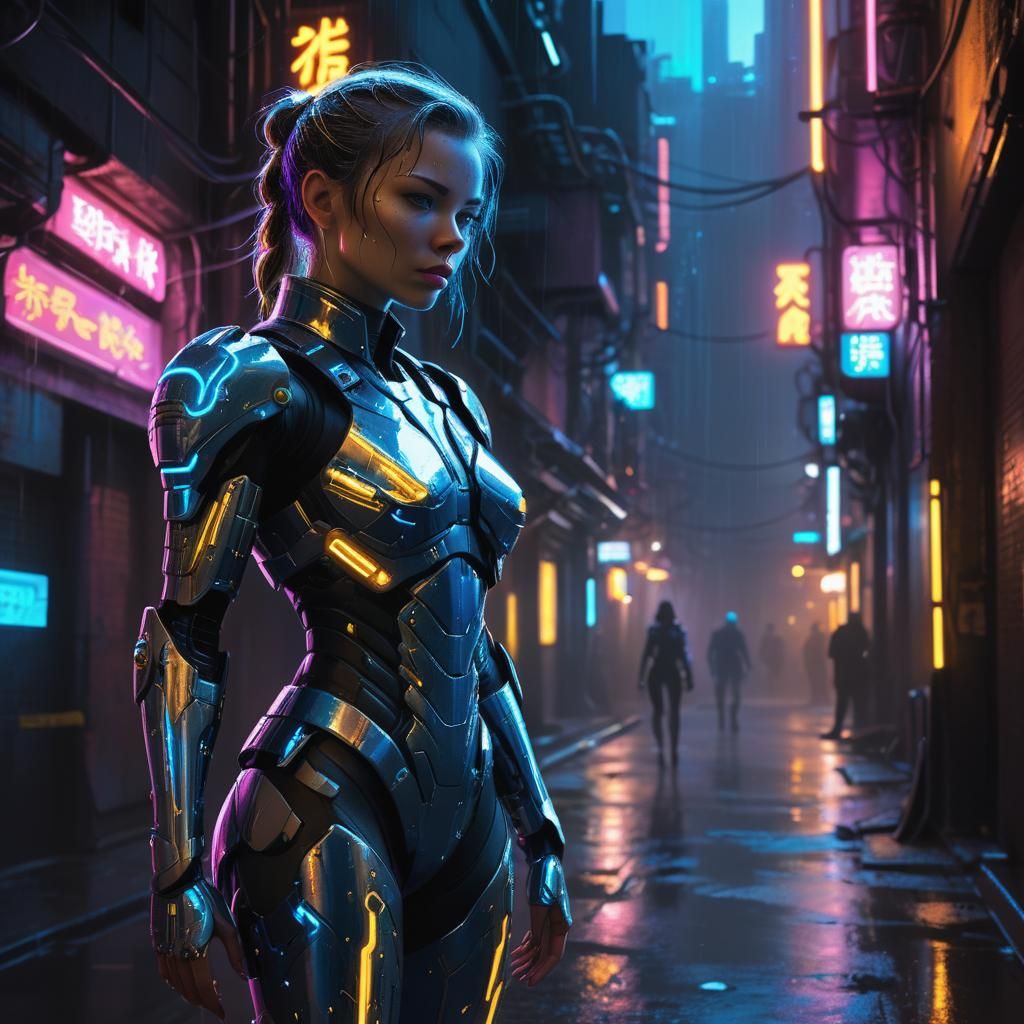 Cyberpunk Cyborg in Neon Alleyway