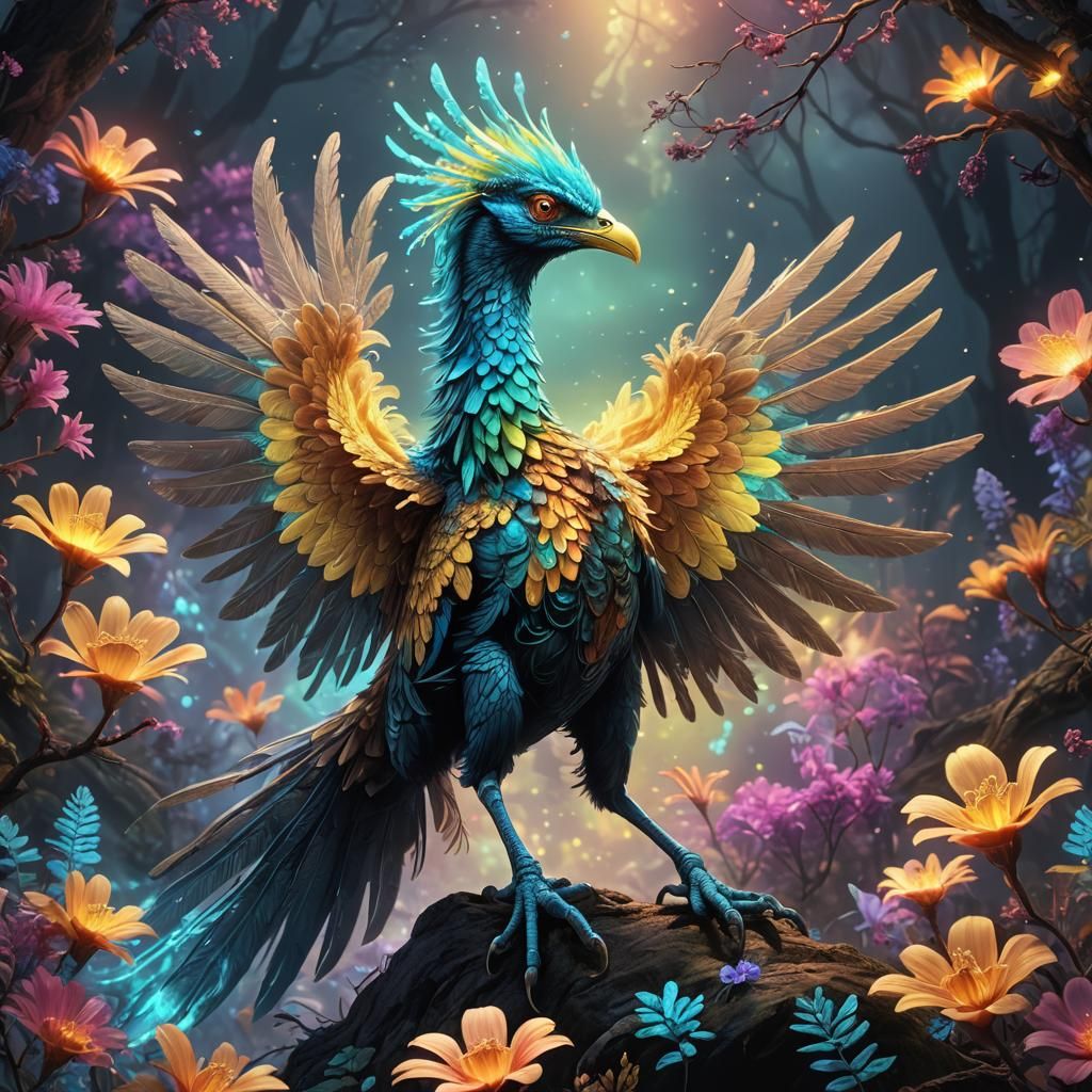 Bioluminescent Archaeopteryx in Ethereal Fantasy